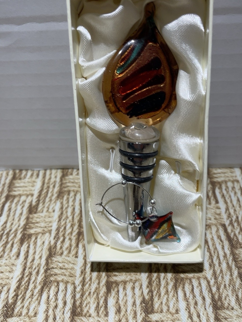 Murano Style Art Glass Wine Bottle Stopper Teardrop Multicolor 5” Boxed